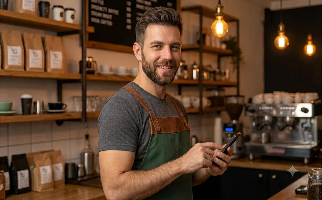 Barista revisando en su celular el correo electrónico de su negocio