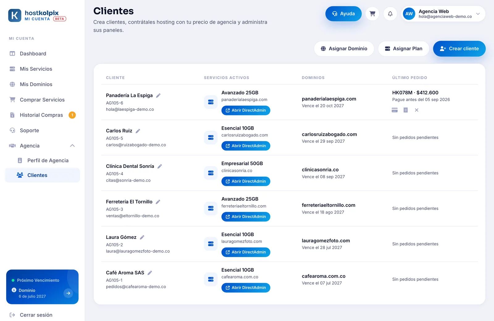 Sección Agencia, Clientes del portal de Hostkolpix: cartera de una agencia con sus clientes, planes de hosting, dominios y pedidos