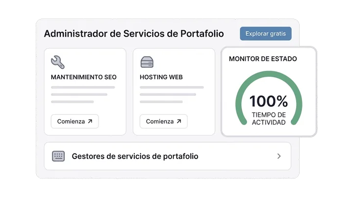 Panel de servicios con mantenimiento, hosting web y monitor de estado