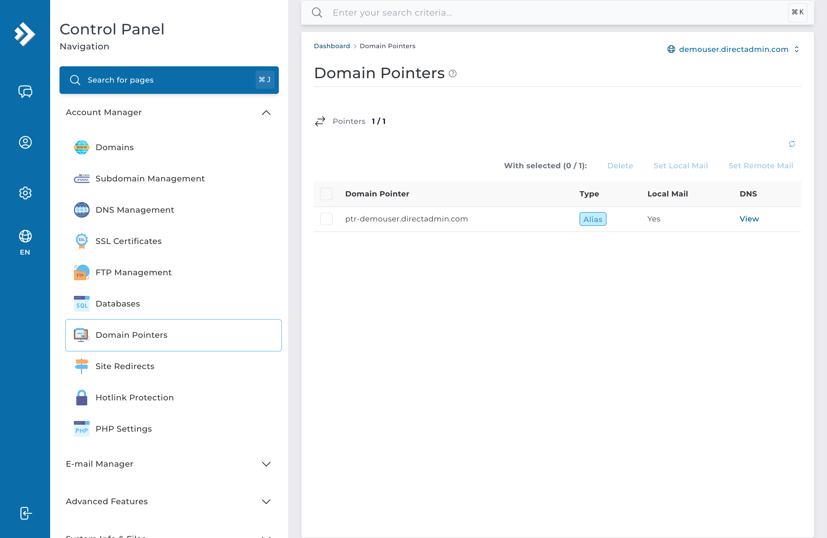 Pantalla Domain Pointers de DirectAdmin