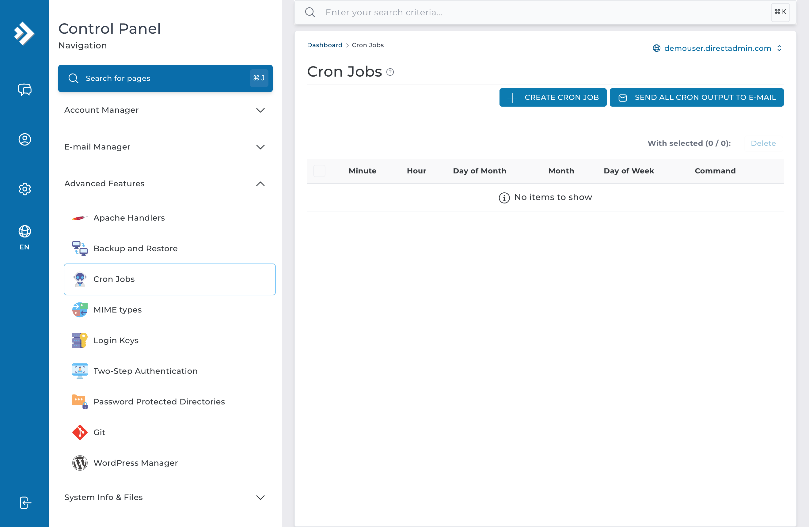 Pantalla Cron Jobs de DirectAdmin