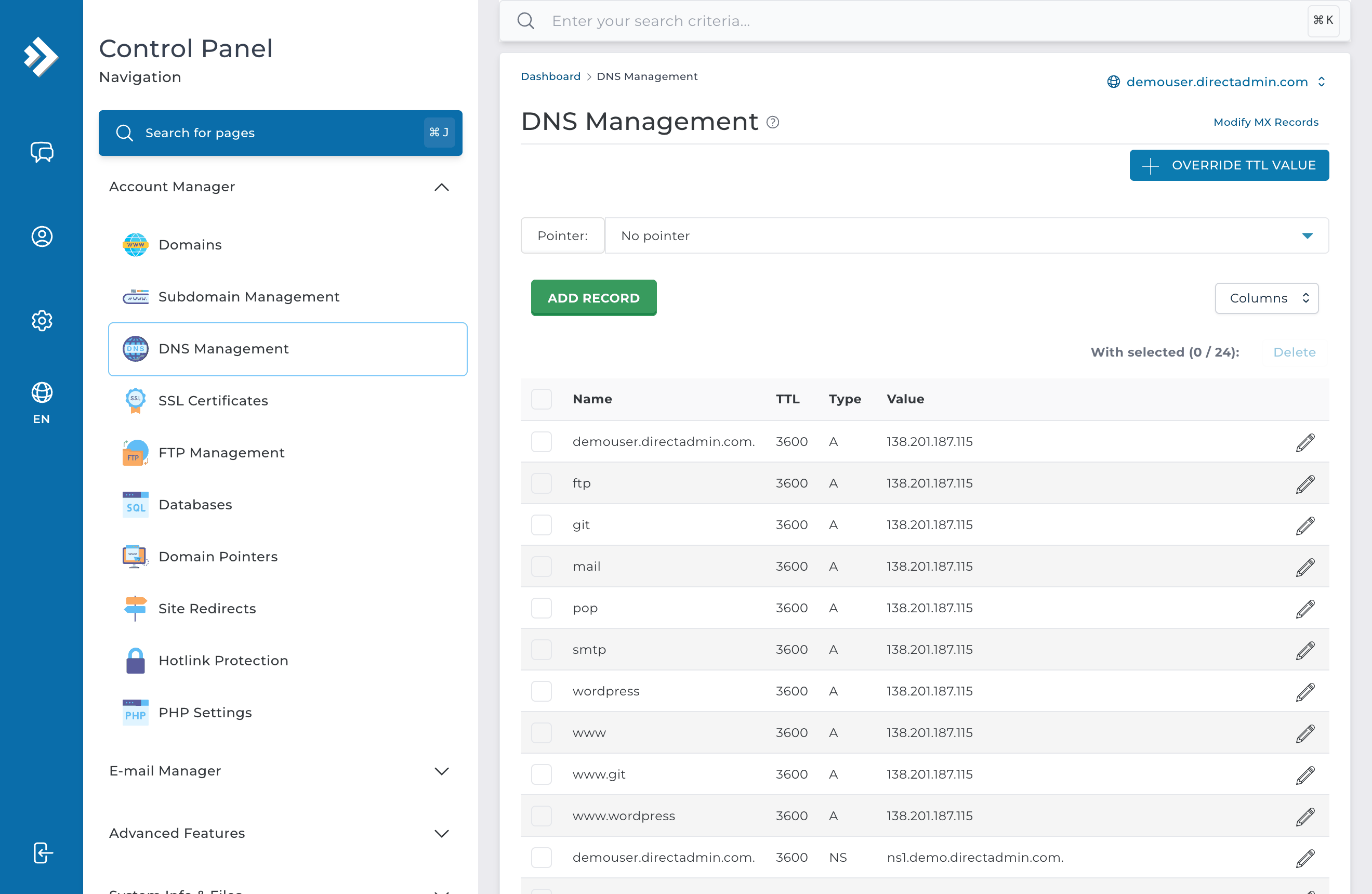 Pantalla DNS Management de DirectAdmin con la zona del dominio