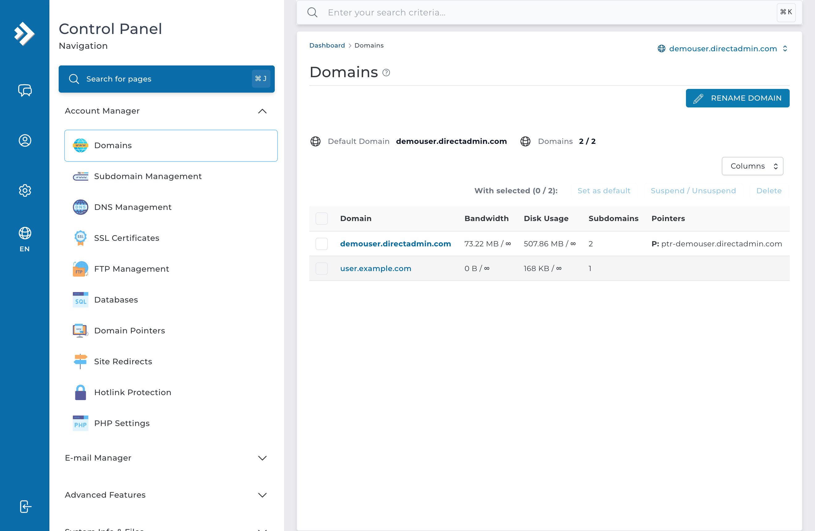 Pantalla Domain Setup de DirectAdmin con varios dominios