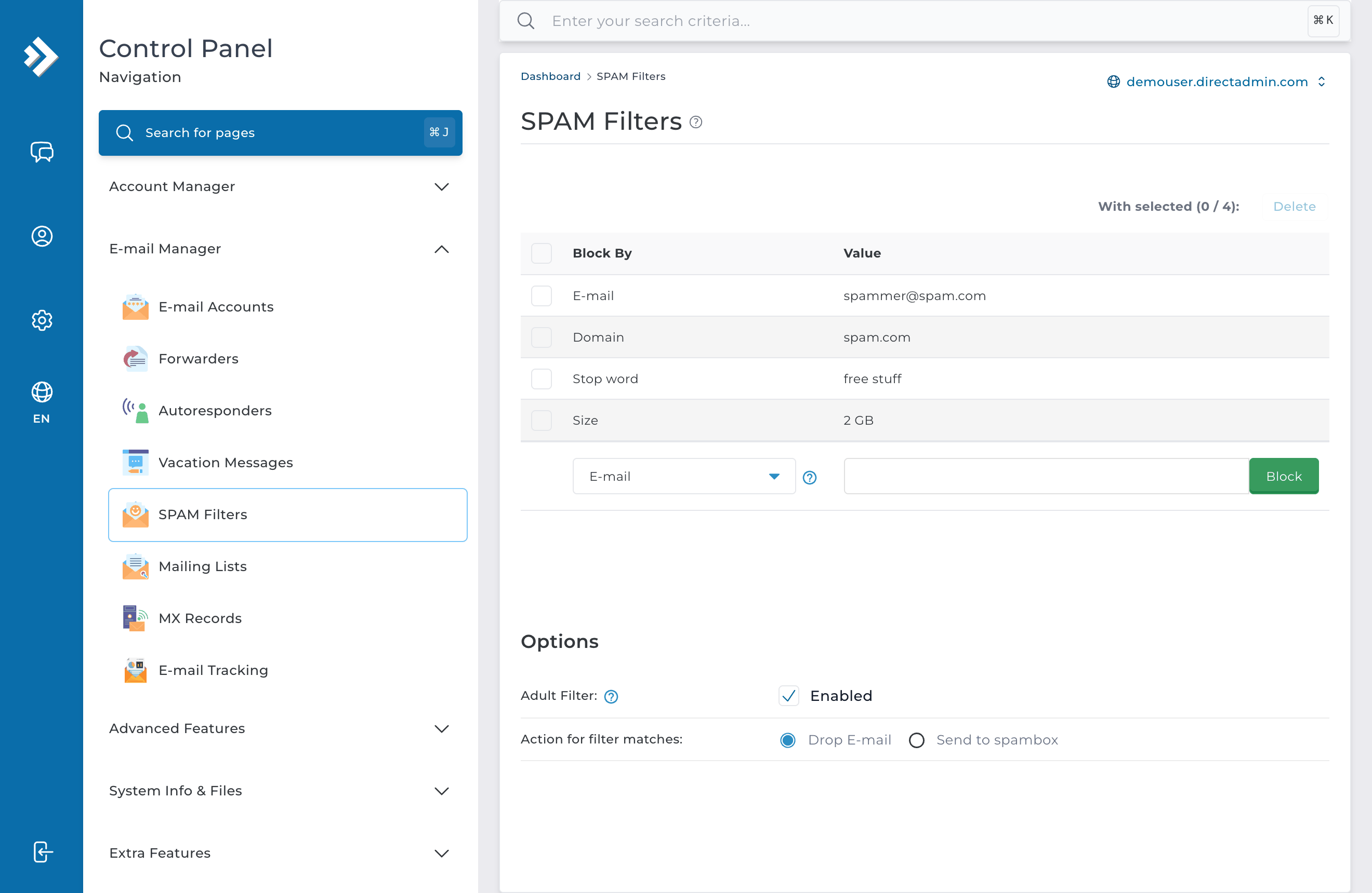 Pantalla de filtros de correo de DirectAdmin