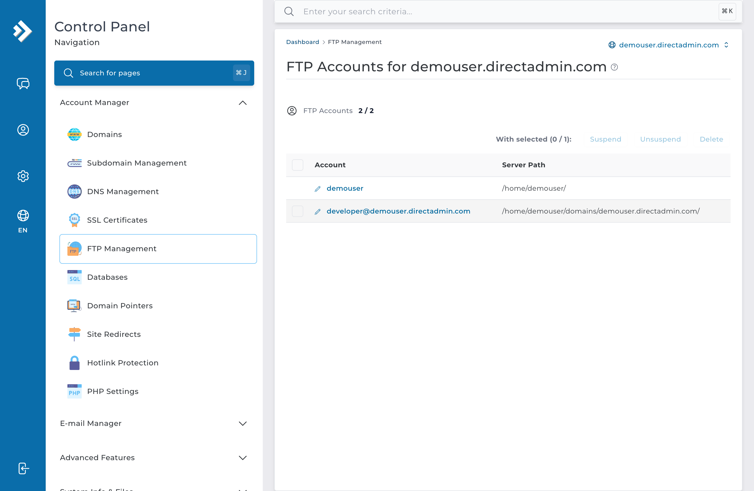 Pantalla FTP Management de DirectAdmin