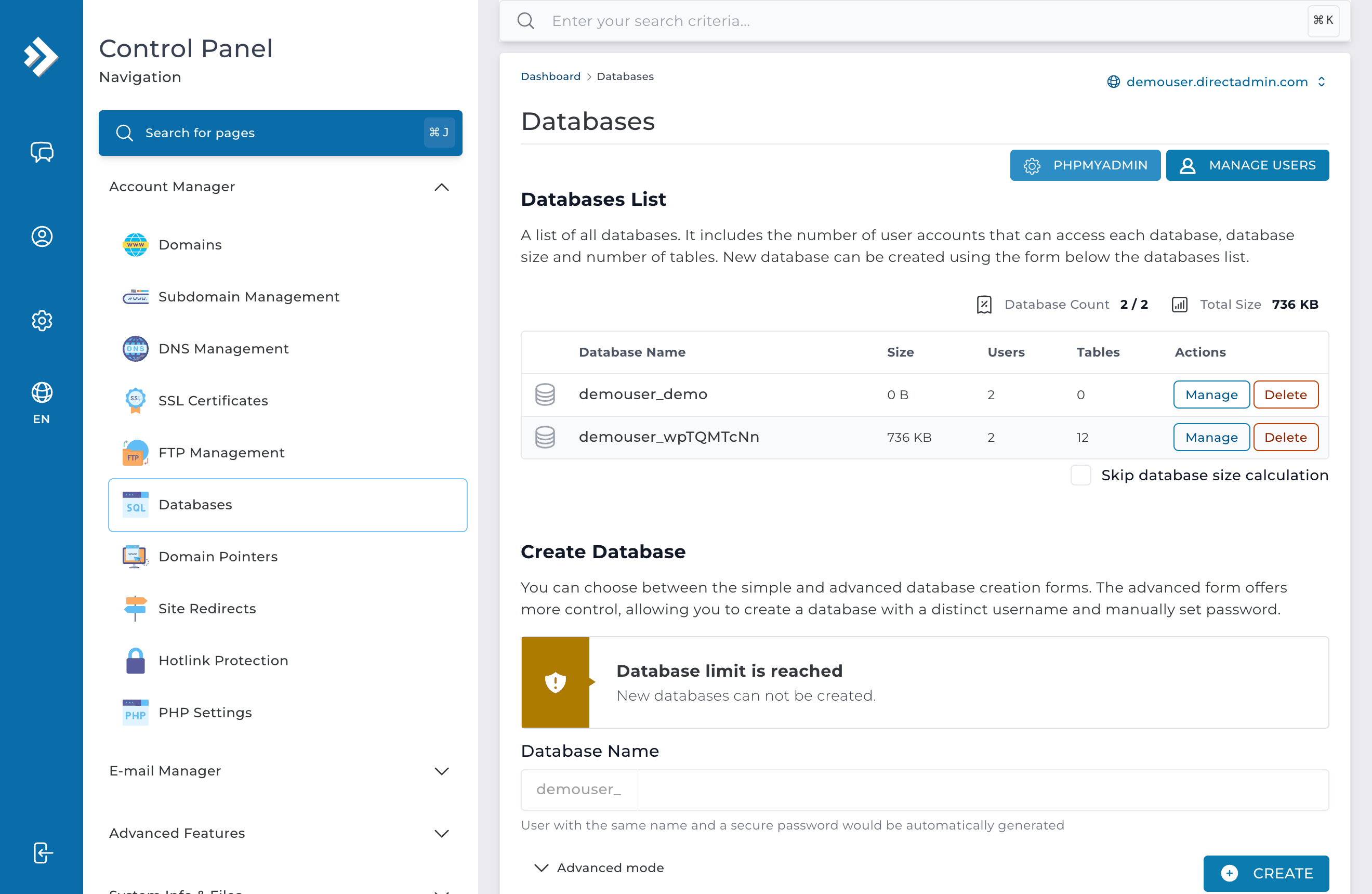 Pantalla MySQL Management de DirectAdmin al crear una base de datos