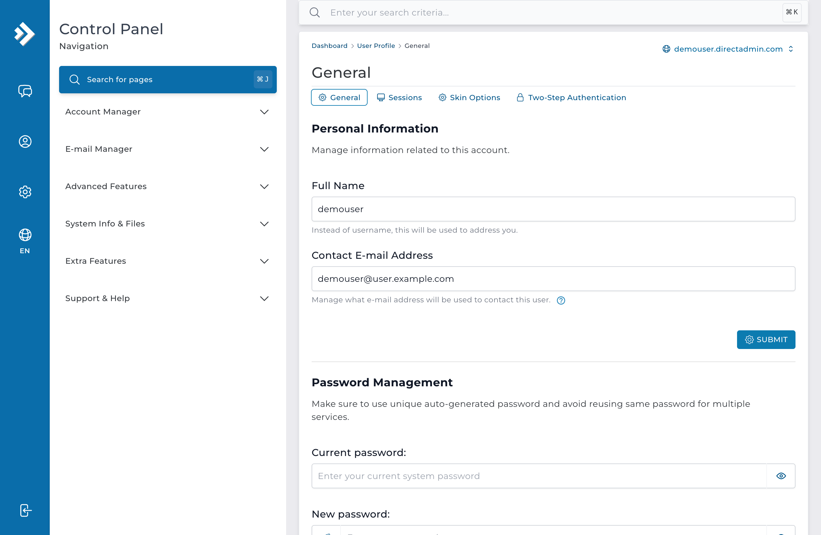 Perfil del usuario en DirectAdmin donde se cambia la contraseña