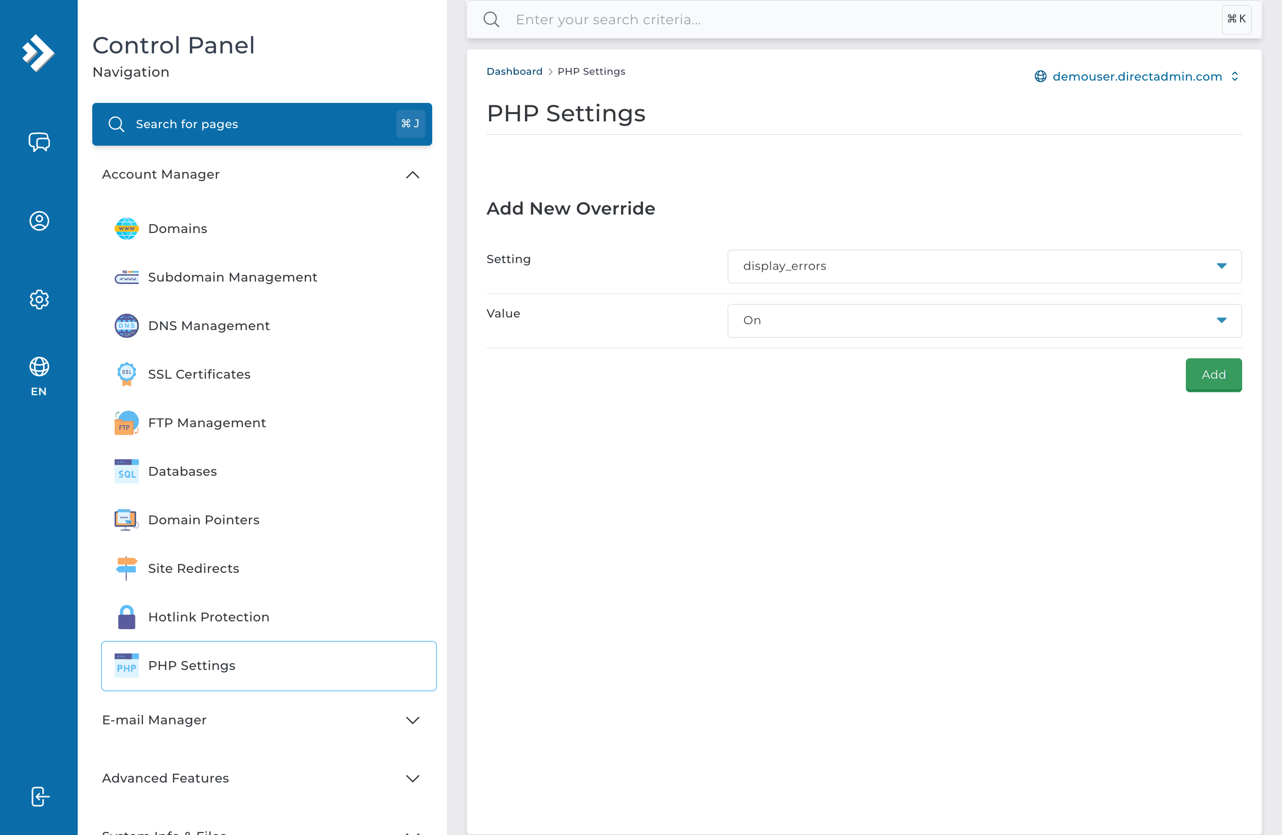 Selector de versión de PHP en DirectAdmin