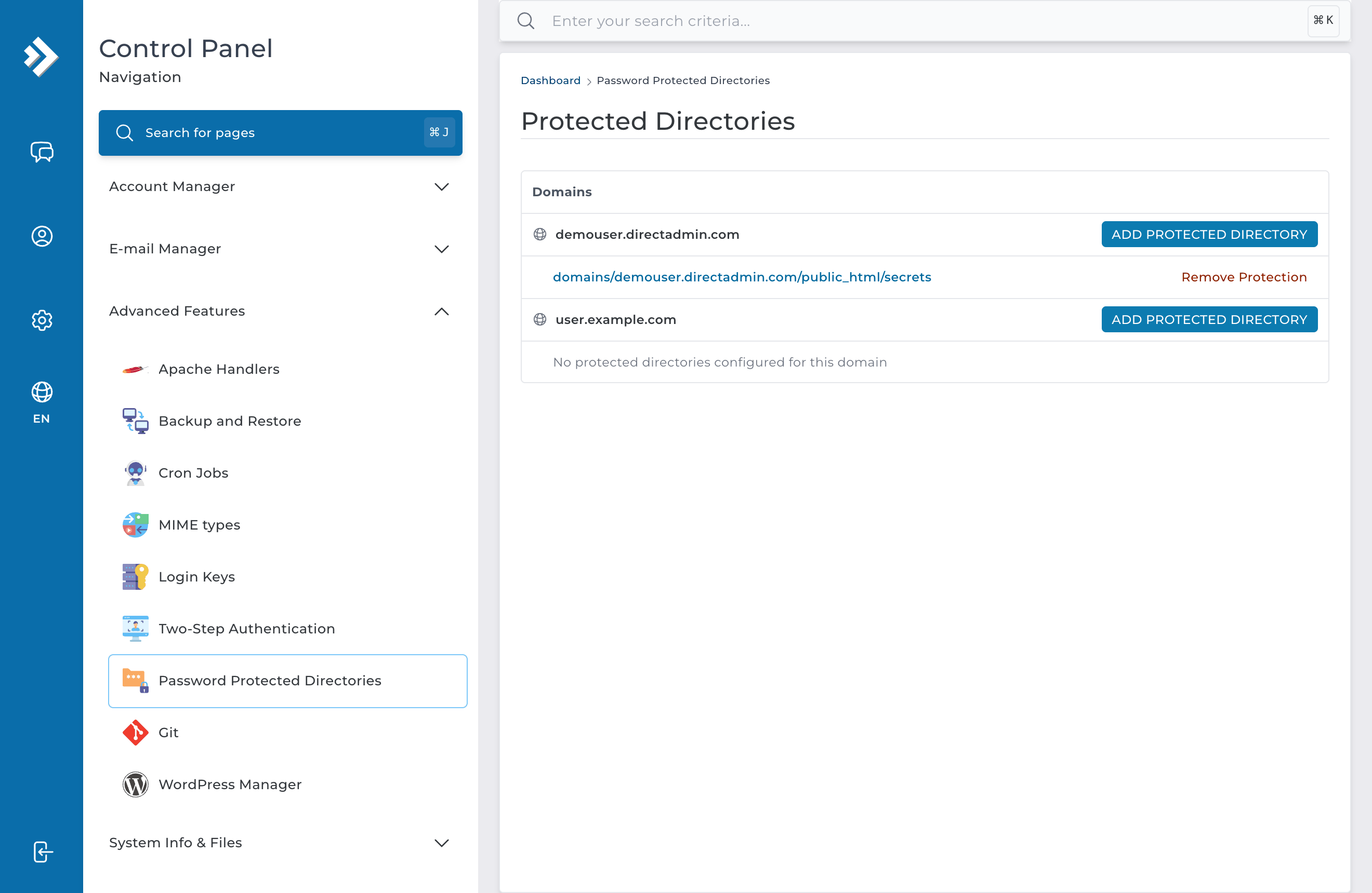 Pantalla Password Protected Directories de DirectAdmin