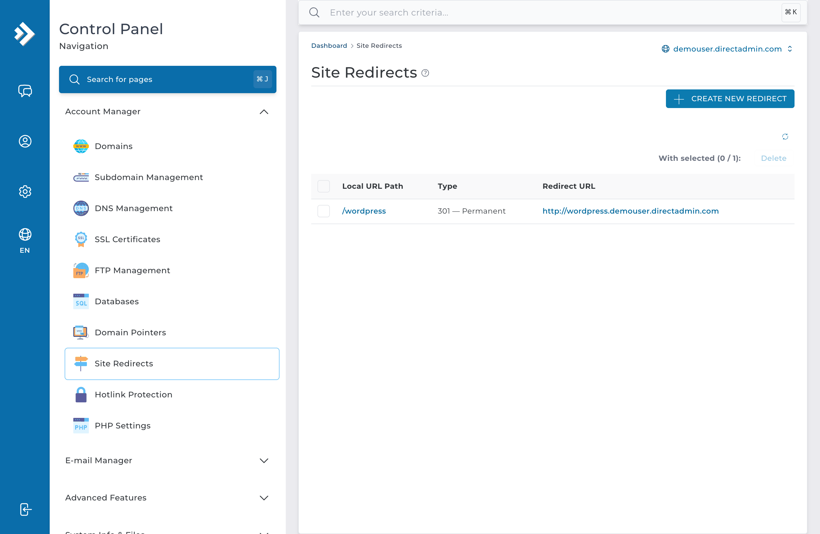 Pantalla Site Redirection de DirectAdmin