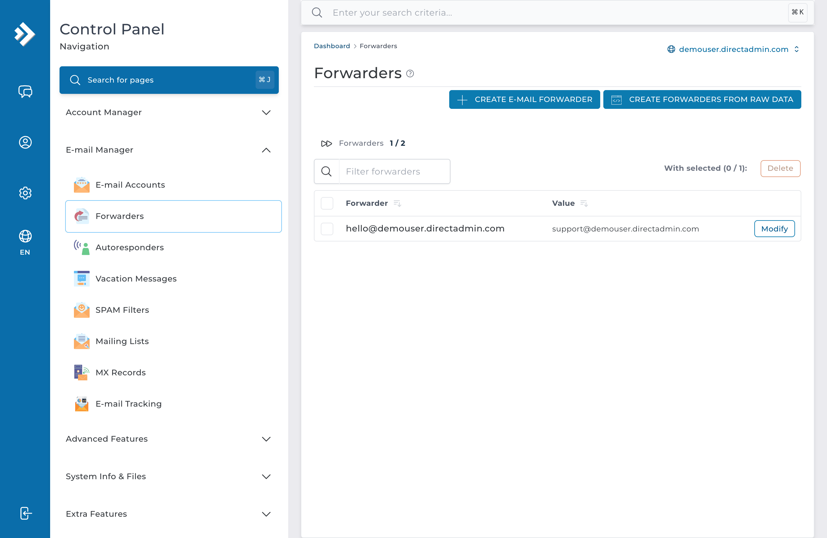 Pantalla Forwarders de DirectAdmin