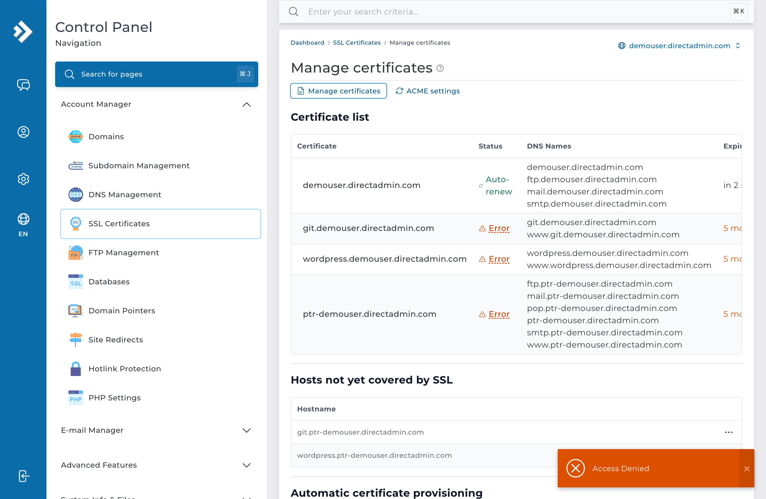 Pantalla SSL Certificates de DirectAdmin con Let's Encrypt seleccionado