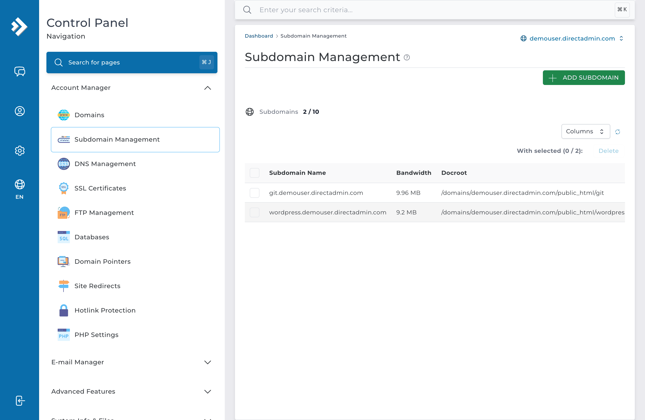 Pantalla Subdomain Management de DirectAdmin