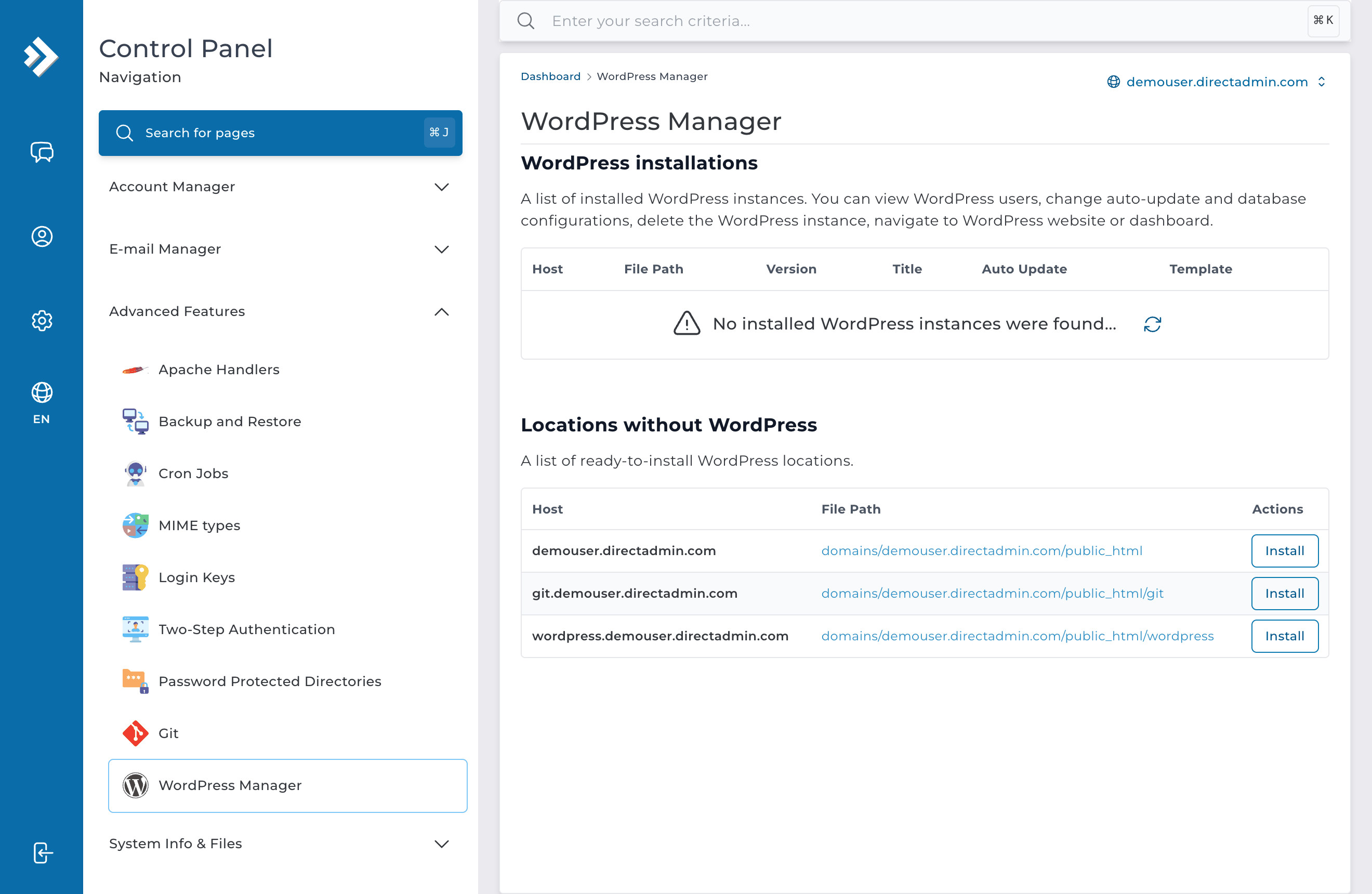 Instalador de WordPress dentro de DirectAdmin