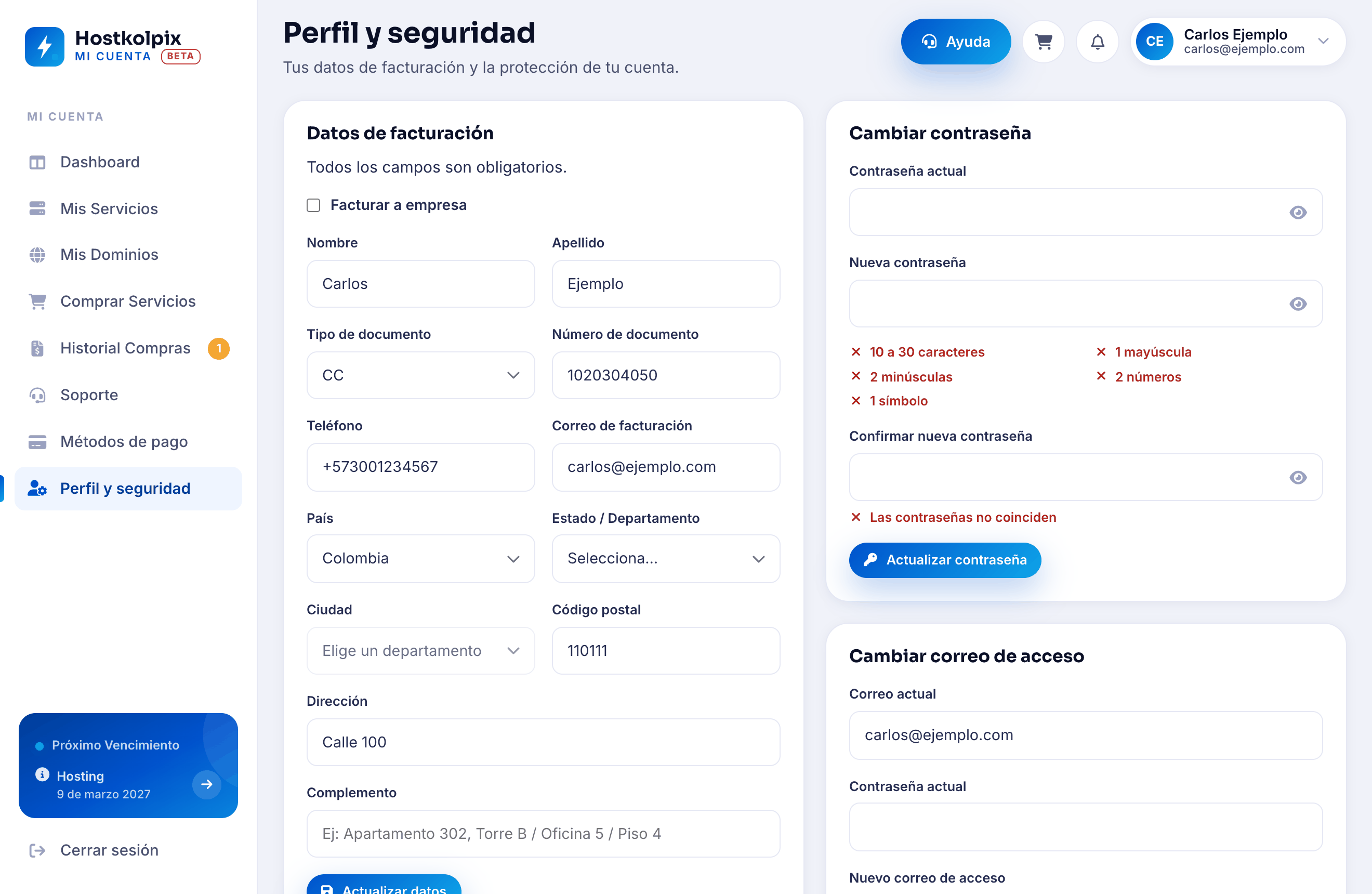 Tarjeta de verificación en dos pasos en Perfil y seguridad