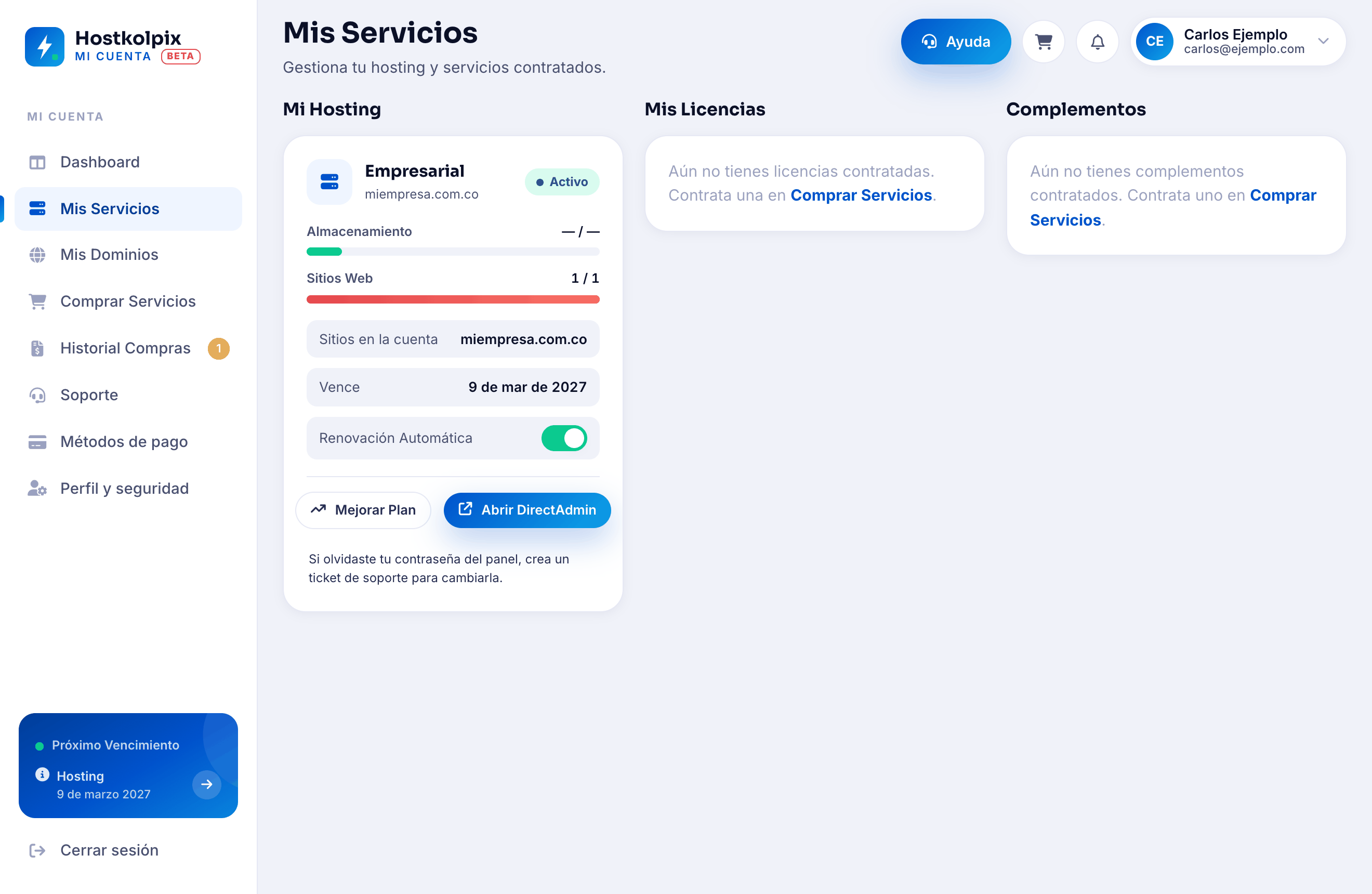 Botón de acceso a DirectAdmin dentro de Mis Servicios