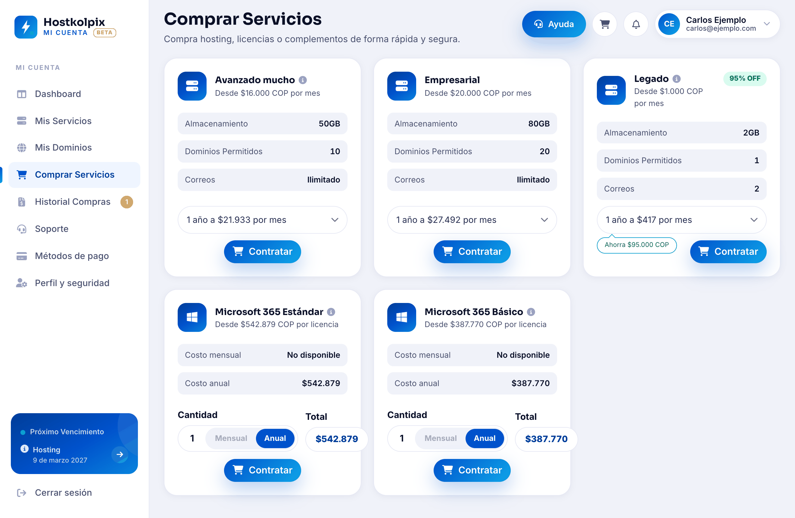 Sección Comprar Servicios del área de clientes de Hostkolpix