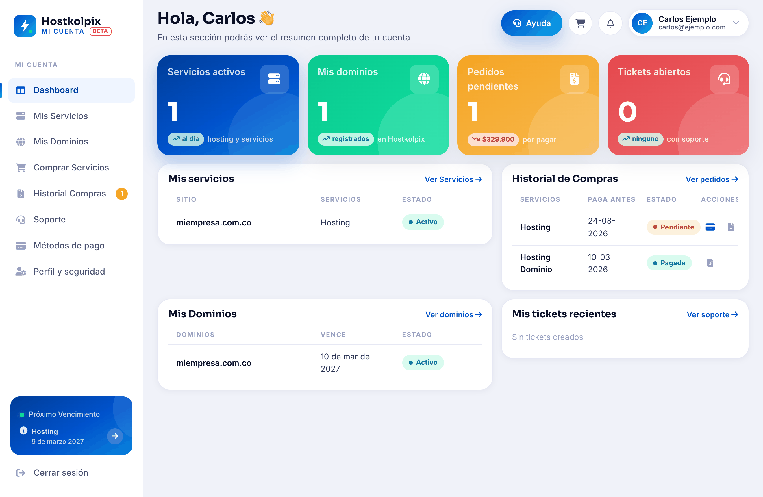 Dashboard del área de clientes de Hostkolpix con el resumen de la cuenta