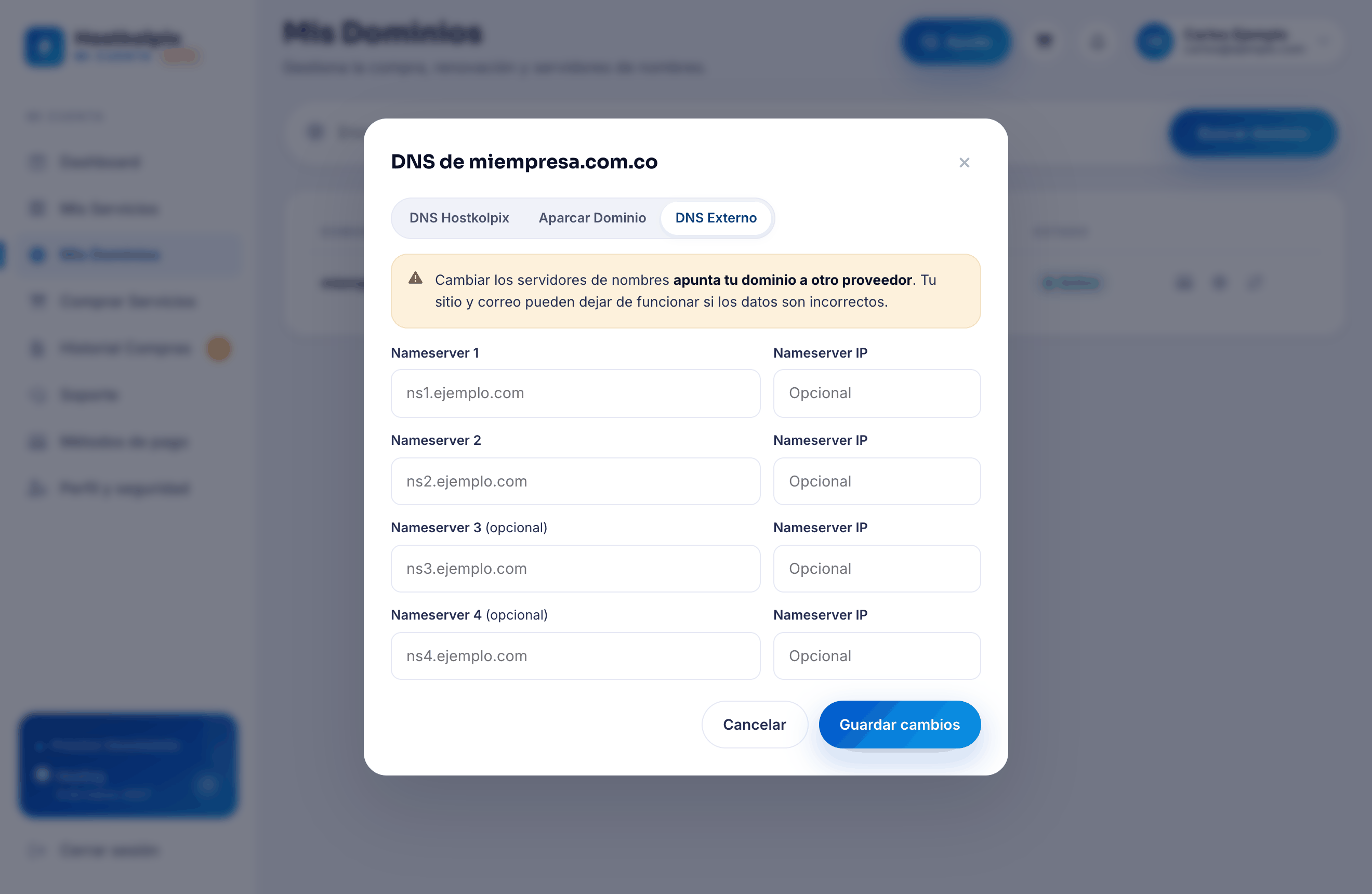 Pestaña DNS Externo del área de clientes para cambiar nameservers