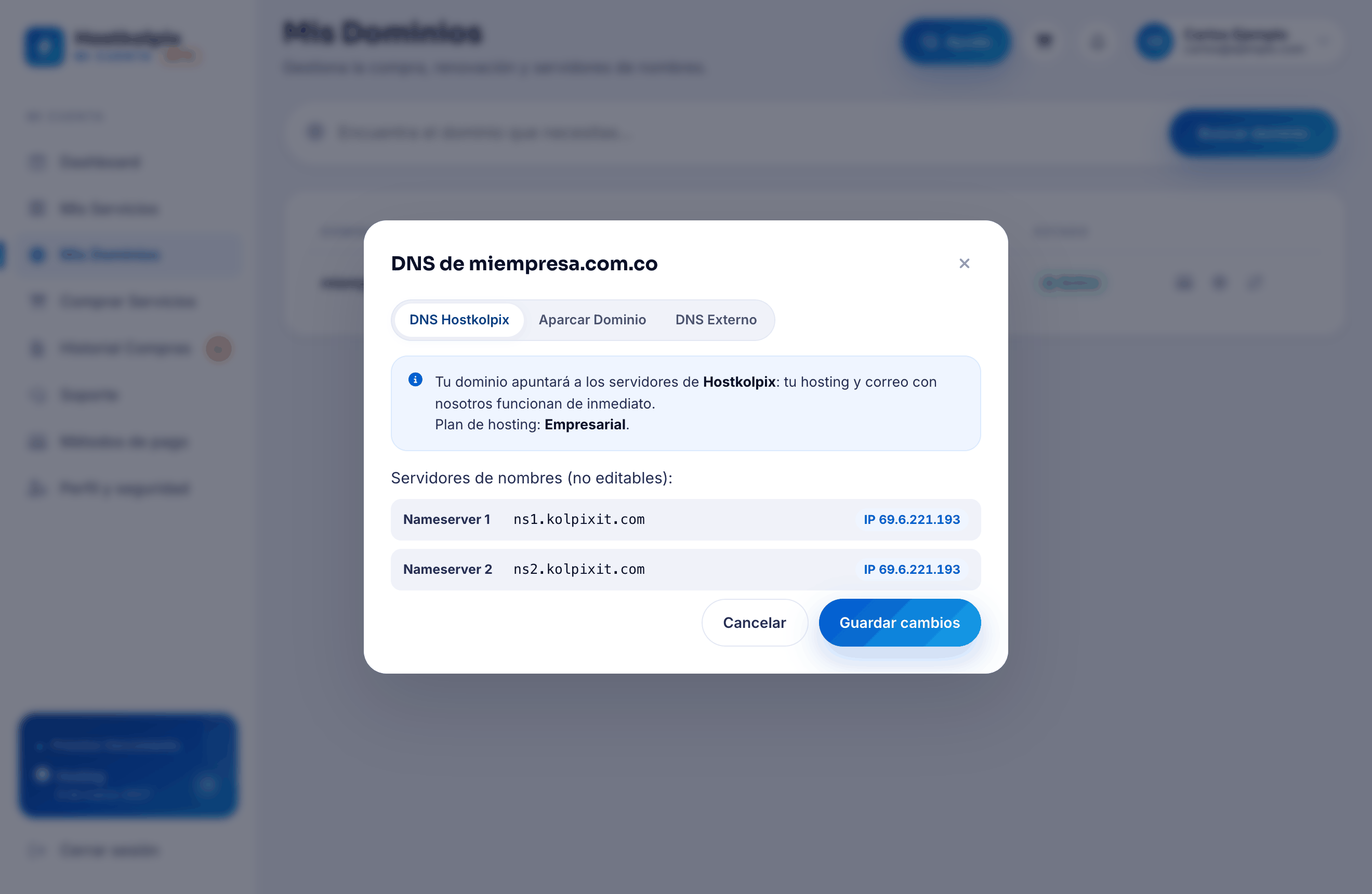 Editor de registros DNS en el área de clientes de Hostkolpix