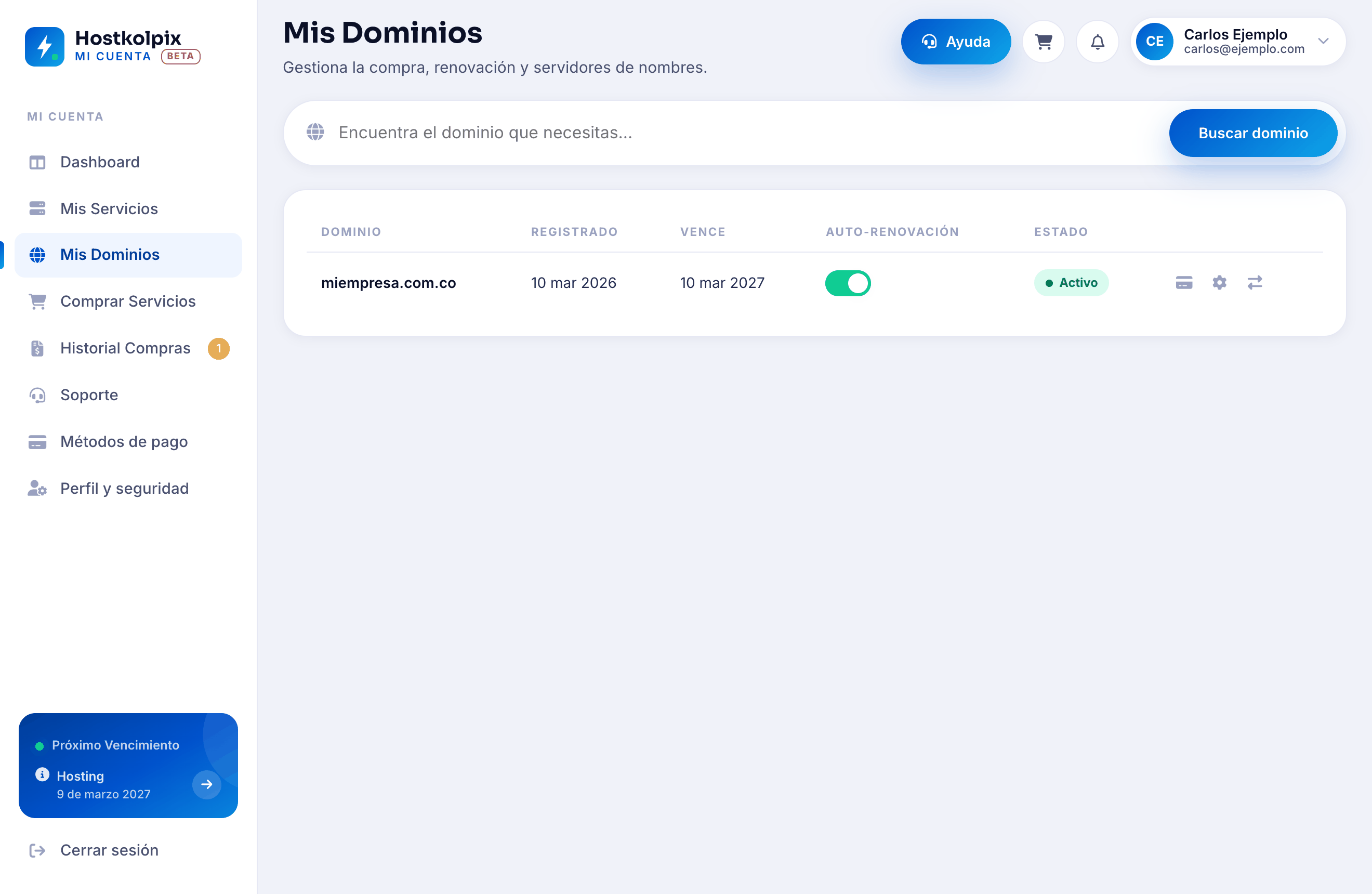 Interruptor de auto-renovación en Mis Dominios
