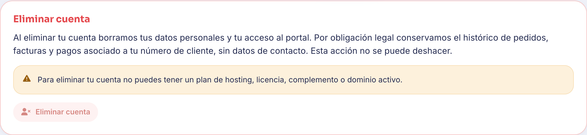 Tarjeta Eliminar cuenta al final de Perfil y seguridad
