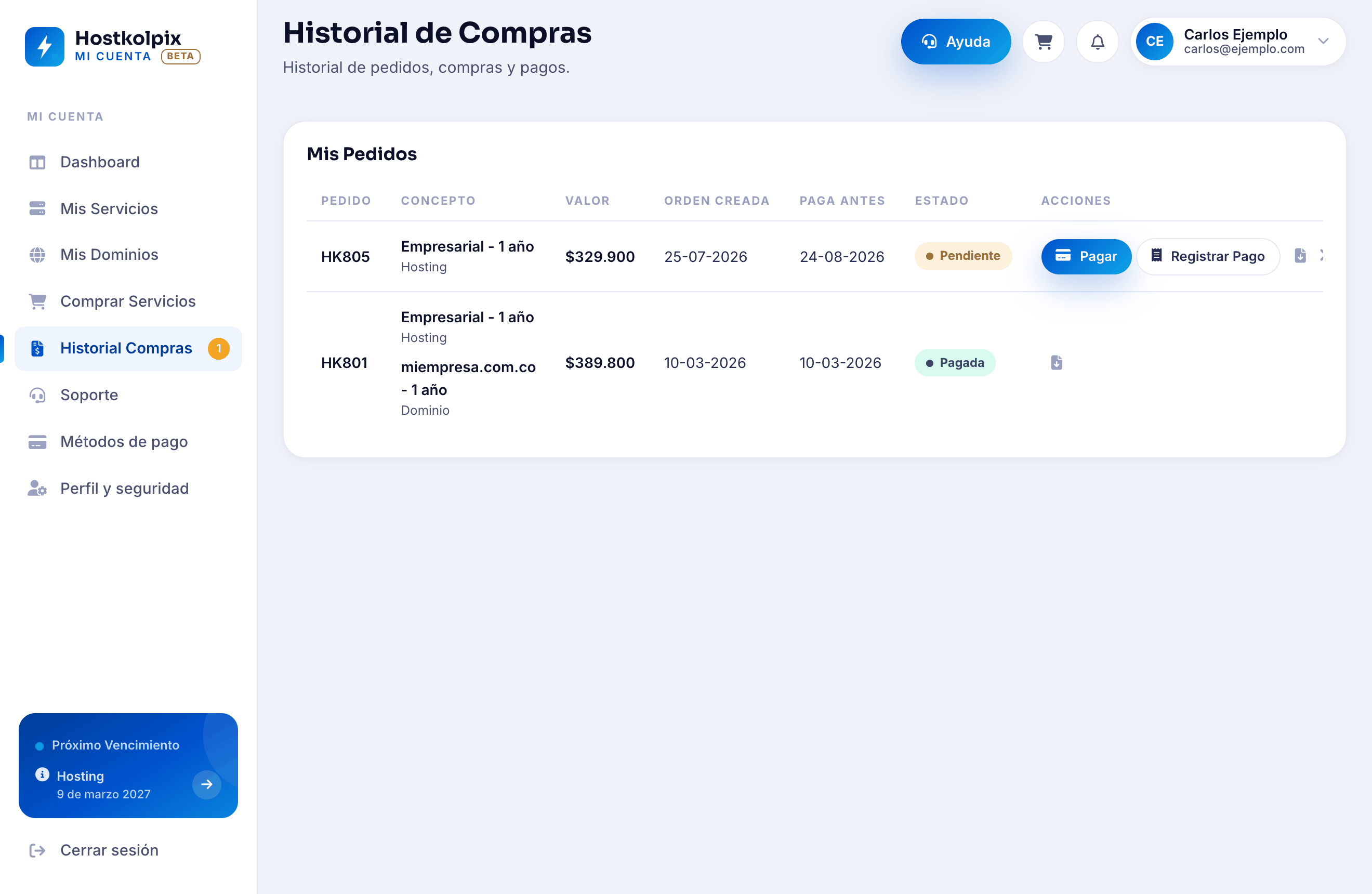 Historial de compras con un pedido de renovación pendiente