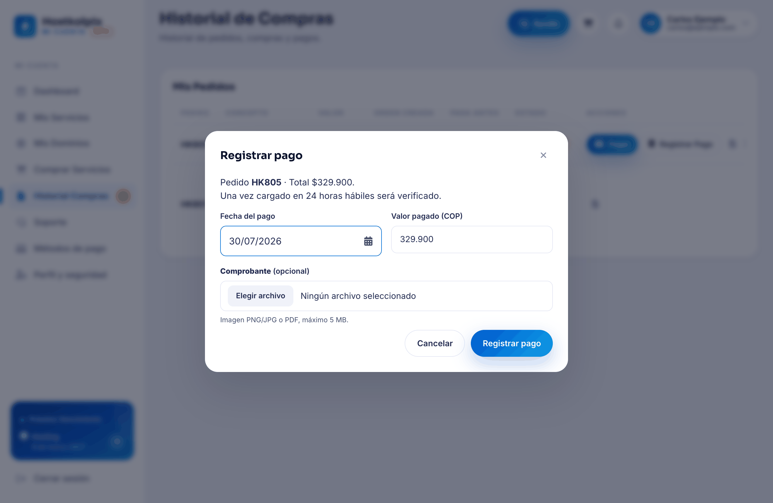 Formulario para informar un pago sobre un pedido pendiente