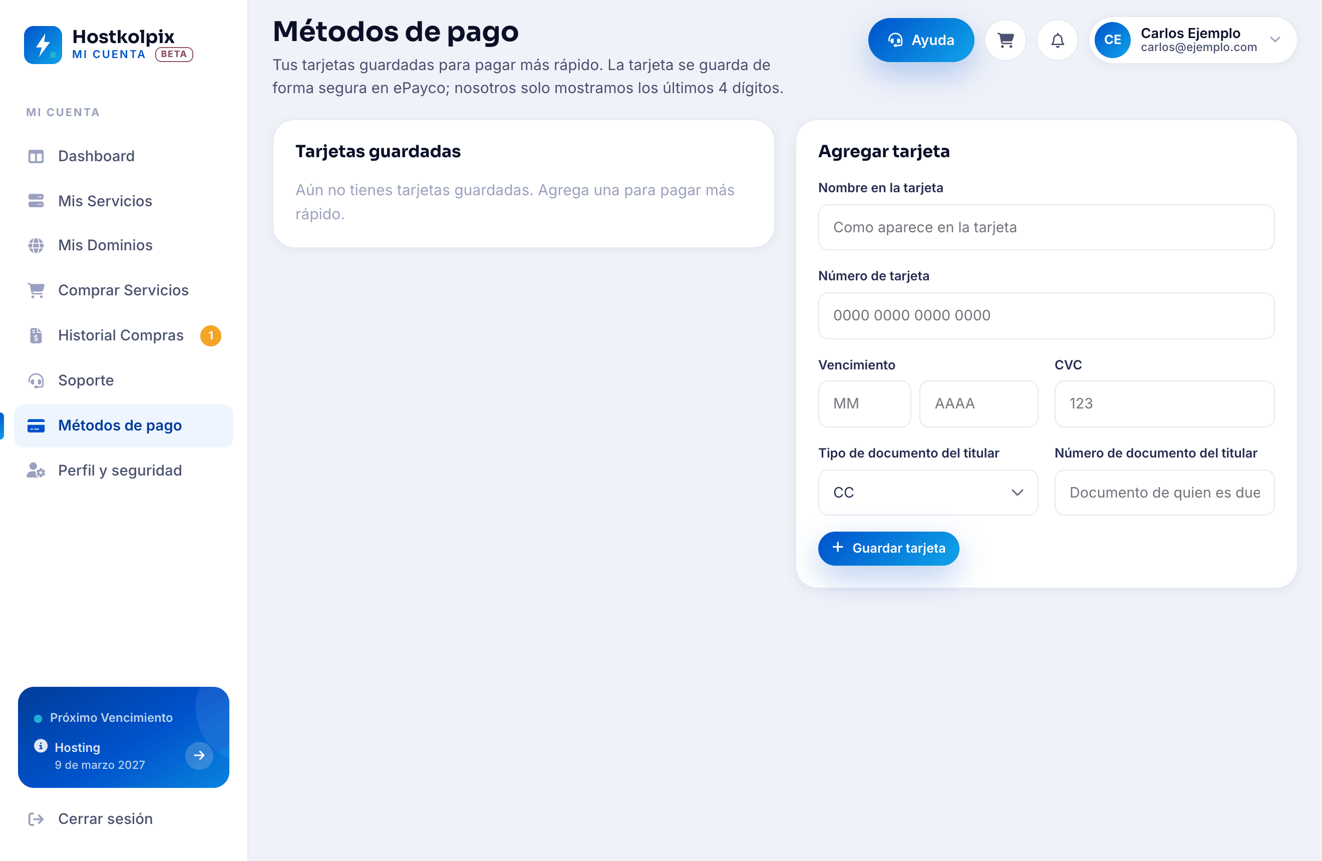 Sección Métodos de pago con una tarjeta guardada tokenizada