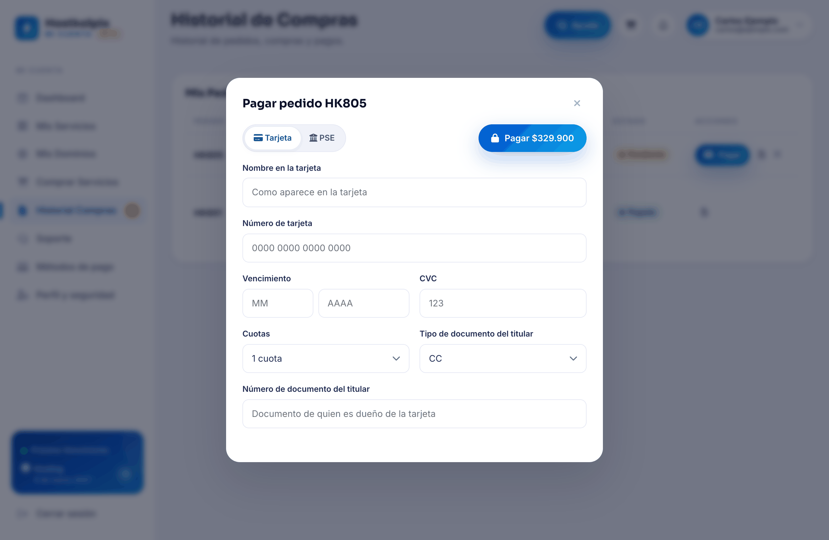 Pantalla de pago del área de clientes con opciones de tarjeta y PSE