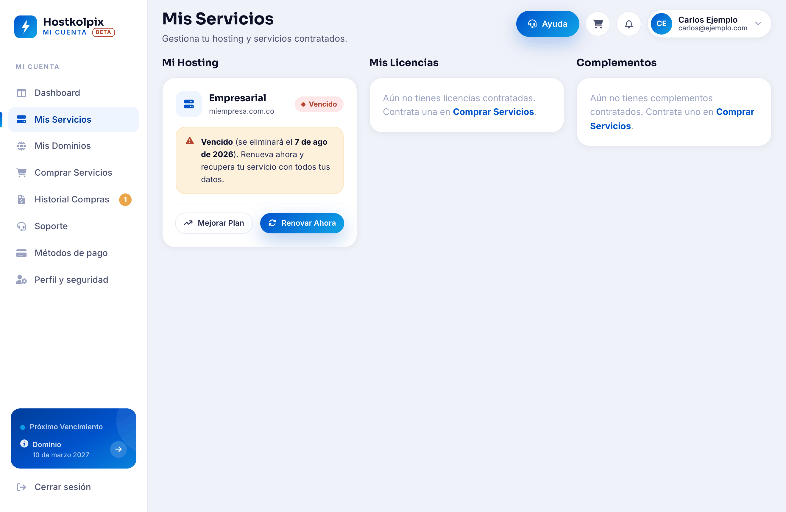 Servicio vencido con el botón Renovar Ahora en Mis Servicios