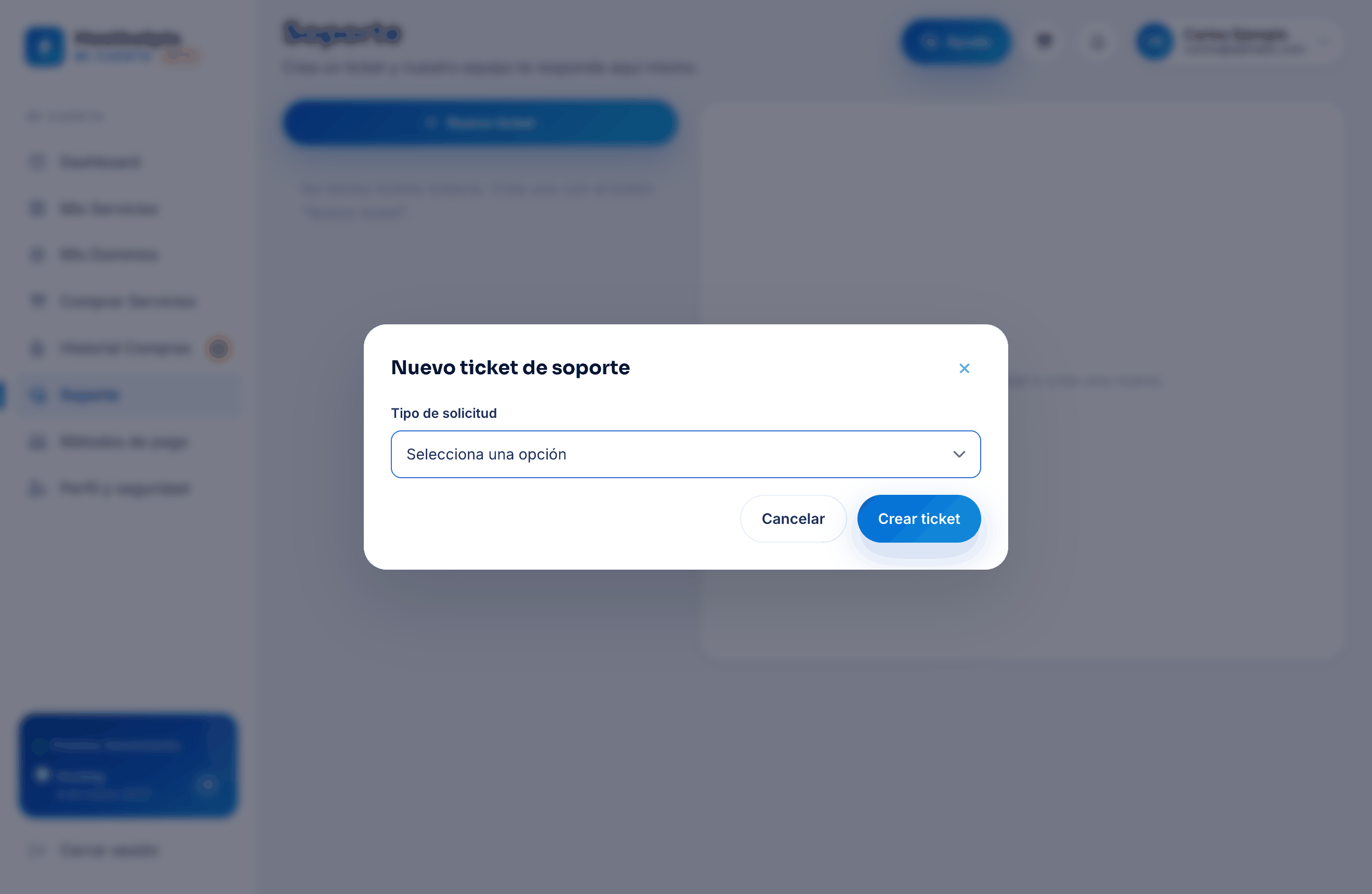 Formulario de nuevo ticket en la sección Soporte